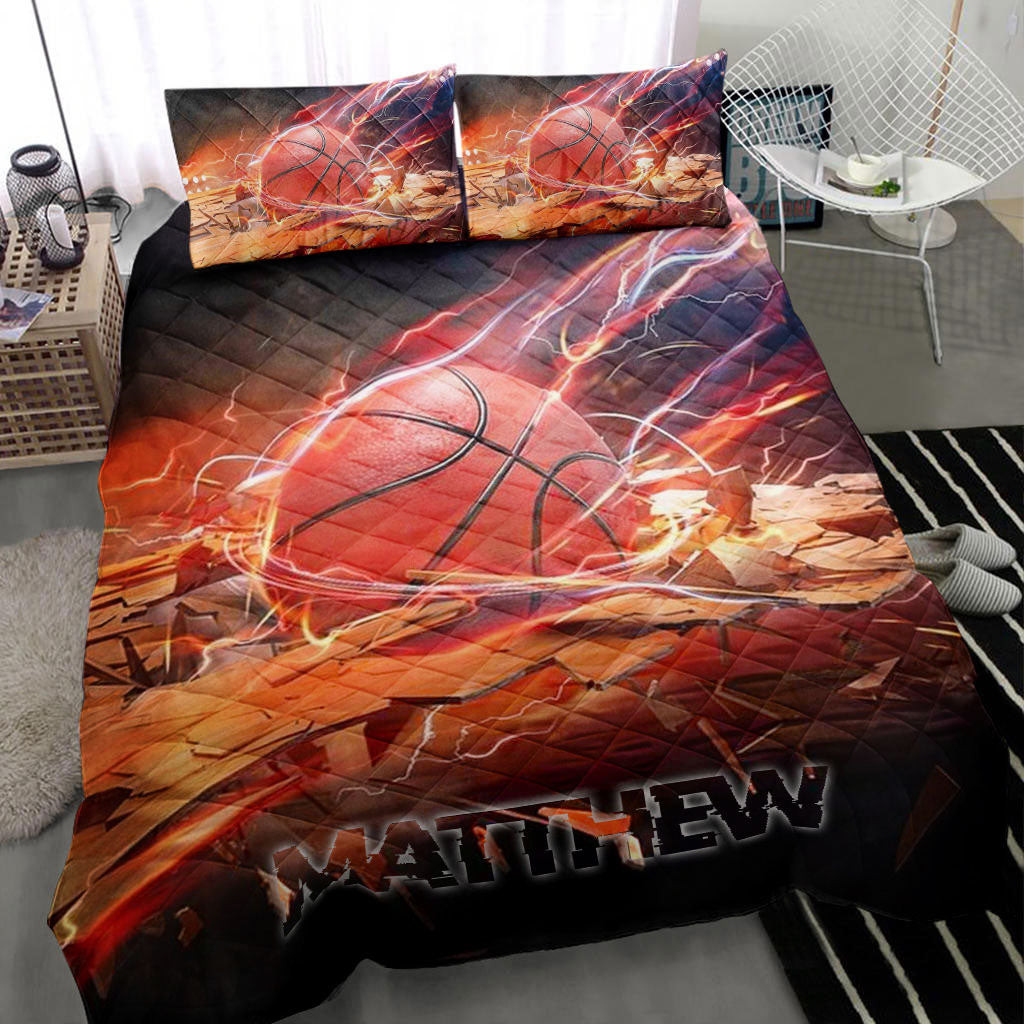 Personalized Basketball Quilt Bedding Set, Basketball Fire Ball Breaking Quilt Blanket With Pillowcases, Custom Name and Number Duvet Cover Set