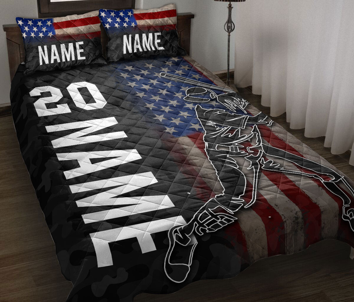 Personalized Baseball Quilt Bedding Set, Baseball Batter US Flag Quilt Blanket With Pillowcases, Custom Name and Number Duvet Cover Set, Sports Gifts