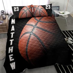 Personalized Basketball Quilt Bedding Set, Basketball Ball Dark Black Quilt Blanket With Pillowcases, Custom Name and Number Duvet Cover Set