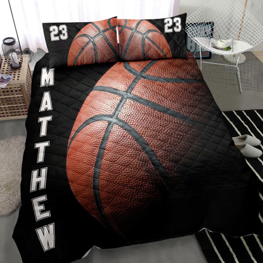 Personalized Basketball Quilt Bedding Set, Basketball Ball Dark Black Quilt Blanket With Pillowcases, Custom Name and Number Duvet Cover Set