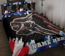 Personalized Wrestling Quilt Bedding Set, Wrestling US Flag Quilt Blanket With Pillowcases, Custom Name and Number Duvet Cover Set