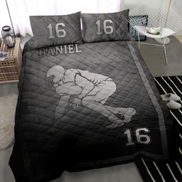 Personalized Football Quilt Bedding Set, Football Frame Grey Black Quilt Blanket With Pillowcases, Custom Name and Number Duvet Cover Set