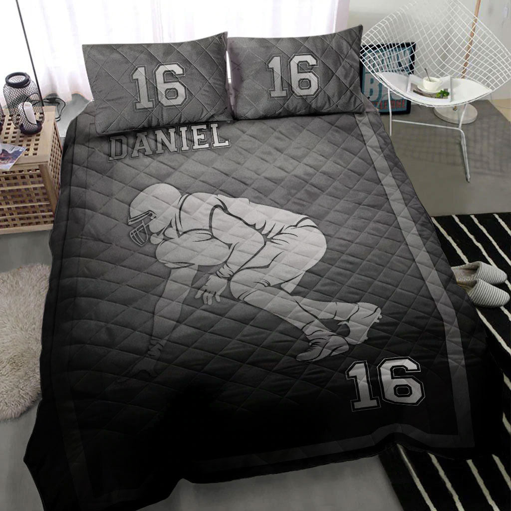 Personalized Football Quilt Bedding Set, Football Frame Grey Black Quilt Blanket With Pillowcases, Custom Name and Number Duvet Cover Set