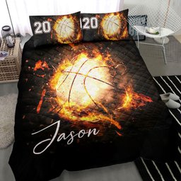 Personalized Basketball Quilt Bedding Set, Basketball Fire Ball Black Quilt Blanket With Pillowcases, Custom Name and Number Duvet Cover Set