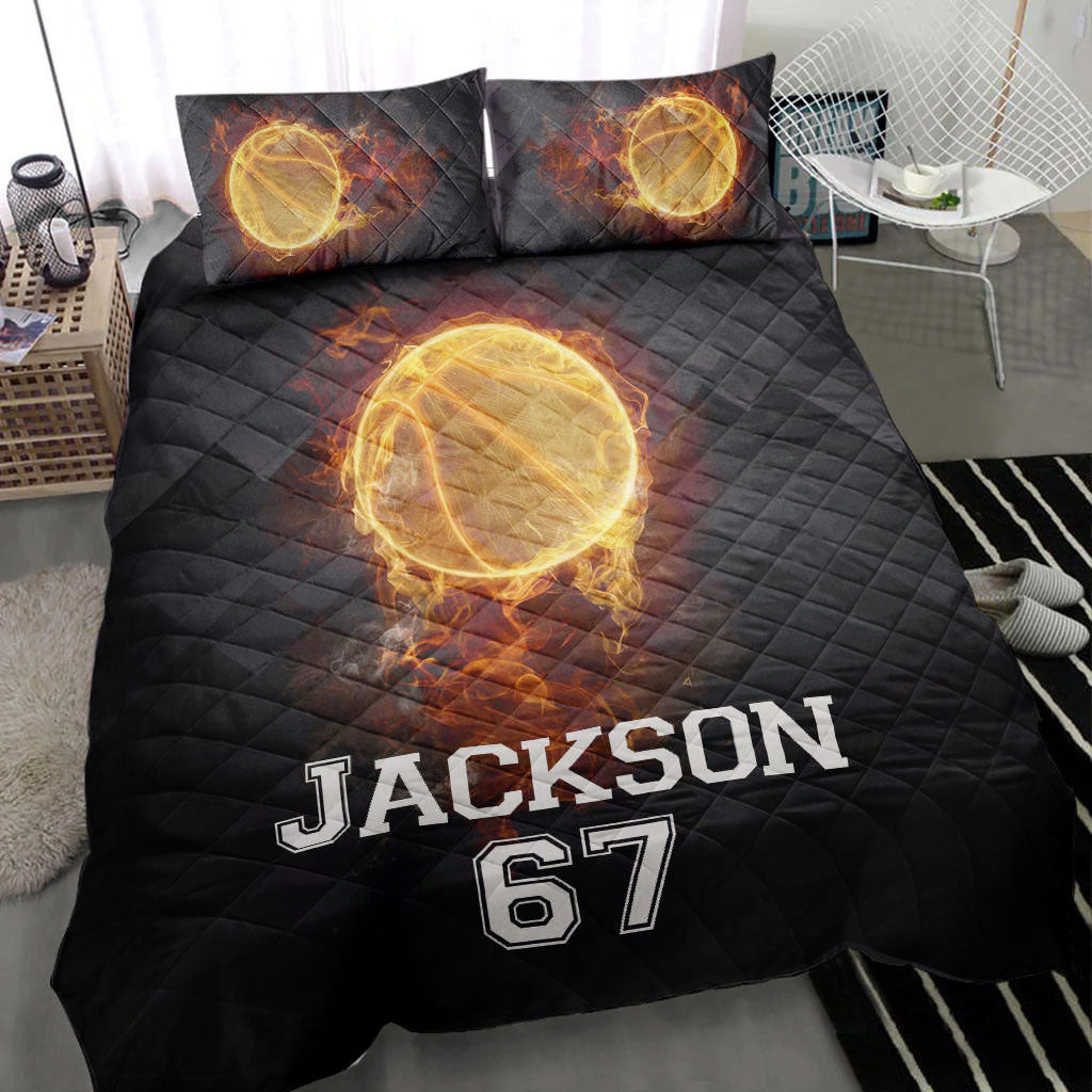 Personalized Basketball Quilt Bedding Set, Basketball Fire Ball Black Quilt Blanket With Pillowcases, Custom Name and Number Duvet Cover Set