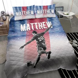 Personalized Soccer Quilt Bedding Set, Soccer Player Posing Blue White Quilt Blanket With Pillowcases, Custom Name and Number Duvet Cover Set
