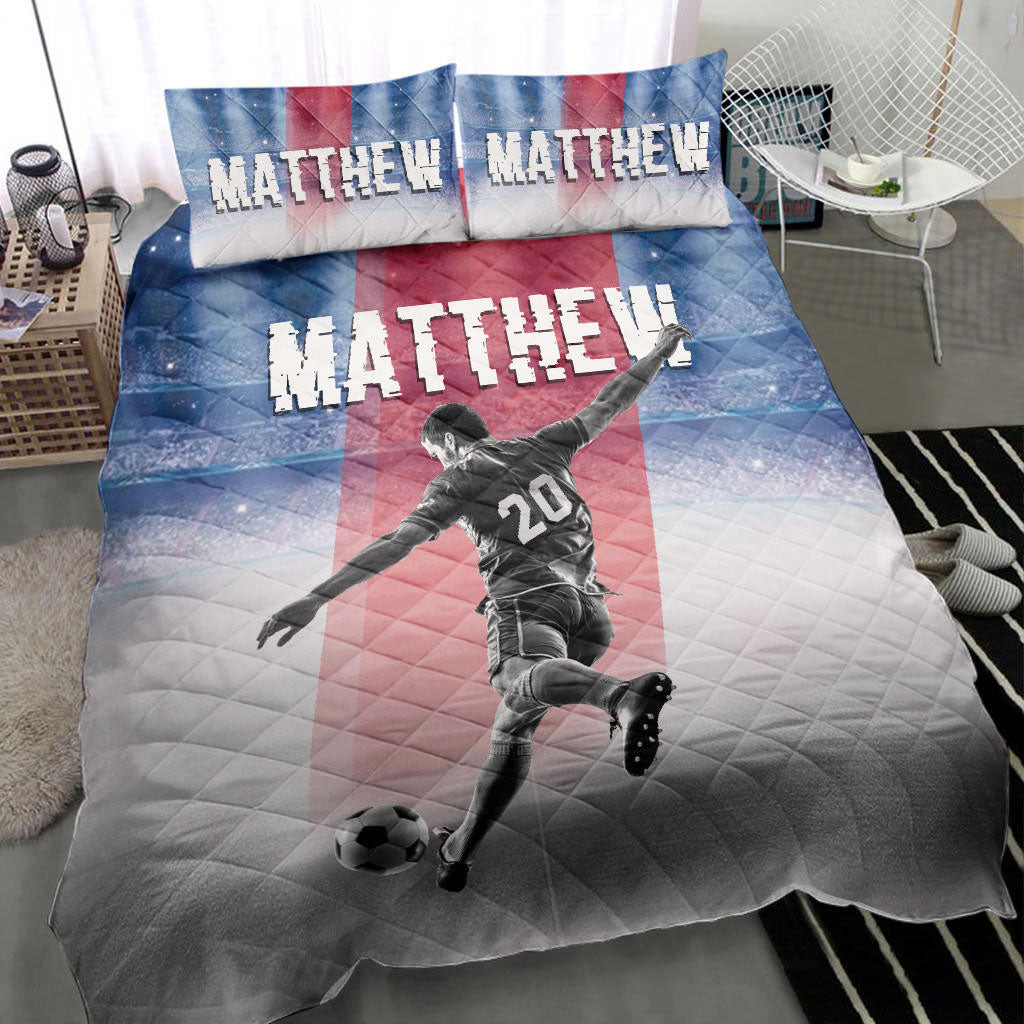 Personalized Soccer Quilt Bedding Set, Soccer Player Posing Blue White Quilt Blanket With Pillowcases, Custom Name and Number Duvet Cover Set