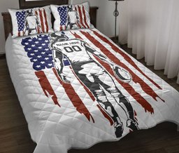 Personalized Football Quilt Bedding Set, Football Player USUS Flag Quilt Blanket With Pillowcases, Custom Name and Number Duvet Cover Set