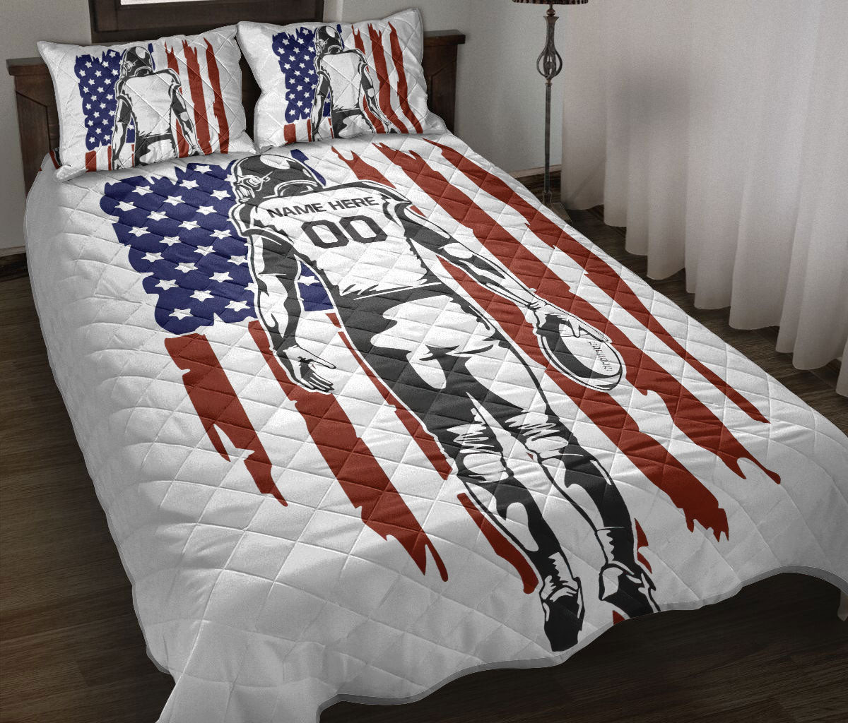 Personalized Football Quilt Bedding Set, Football Player USUS Flag Quilt Blanket With Pillowcases, Custom Name and Number Duvet Cover Set