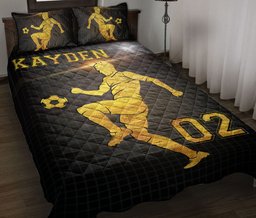Personalized Soccer Quilt Bedding Set, Soccer Player Gold Quilt Blanket With Pillowcases, Custom Name and Number Duvet Cover Set