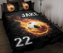 Personalized Soccer Quilt Bedding Set, Soccer Fireballs Effect Quilt Blanket With Pillowcases, Custom Name and Number Duvet Cover Set