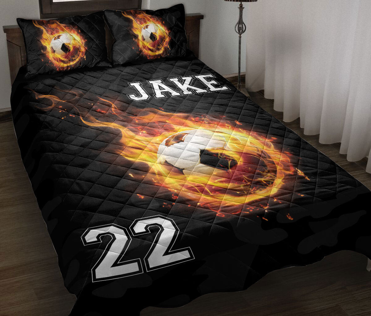 Personalized Soccer Quilt Bedding Set, Soccer Fireballs Effect Quilt Blanket With Pillowcases, Custom Name and Number Duvet Cover Set