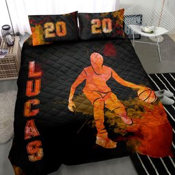 Personalized Basketball Quilt Bedding Set, Basketball Boy Splash Black Quilt Blanket With Pillowcases, Custom Name and Number Duvet Cover Set
