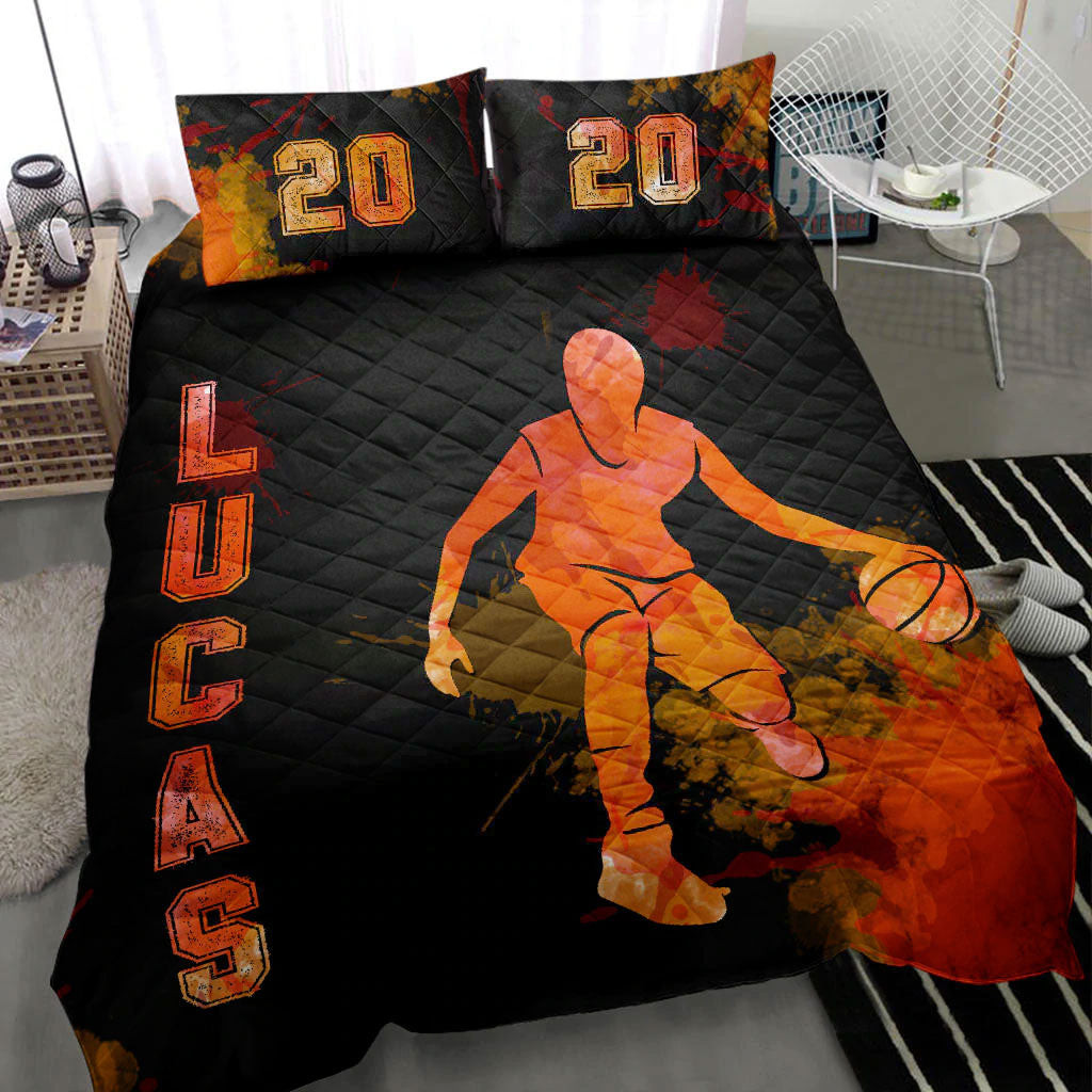 Personalized Basketball Quilt Bedding Set, Basketball Boy Splash Black Quilt Blanket With Pillowcases, Custom Name and Number Duvet Cover Set