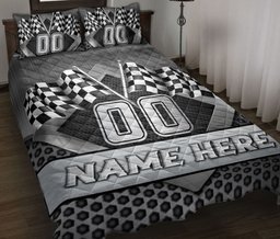 Personalized Racing Quilt Bedding Set, Racing Checkered Flag Racer Quilt Blanket With Pillowcases, Custom Name and Number Duvet Cover Set