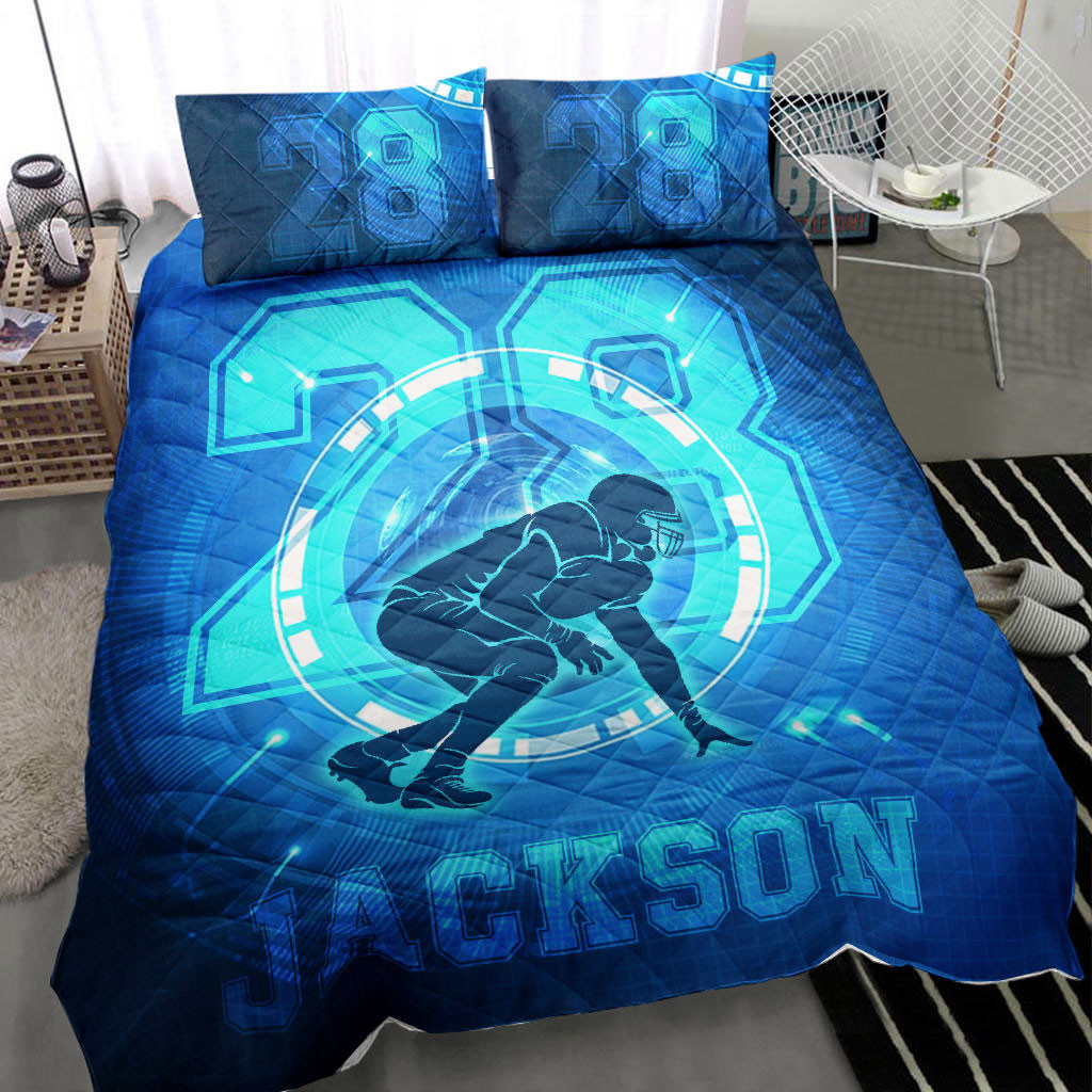 Personalized Football Quilt Bedding Set, Football Boy Blue Digital Quilt Blanket With Pillowcases, Custom Name and Number Duvet Cover Set