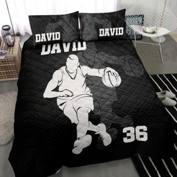 Personalized Basketball Quilt Bedding Set, Basketball Boy Black Shadow Quilt Blanket With Pillowcases, Custom Name and Number Duvet Cover Set