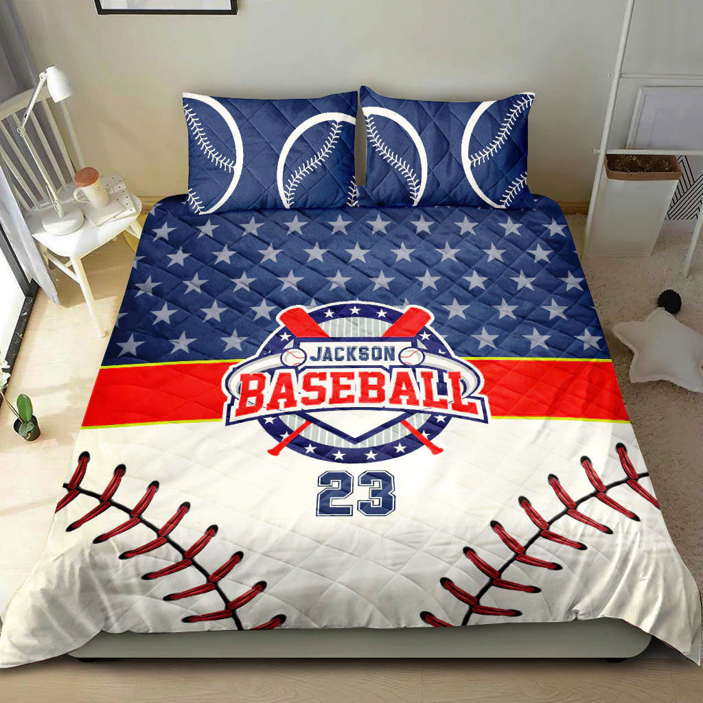 Personalized Baseball Quilt Bedding Set, Baseball Star Ball Blue White Quilt Blanket With Pillowcases, Custom Name and Number Duvet Cover Set, Sports Gifts