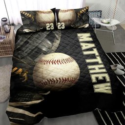 Personalized Baseball Quilt Bedding Set, Baseball Ball 3D Print Black Quilt Blanket With Pillowcases, Custom Name and Number Duvet Cover Set, Sports Gifts