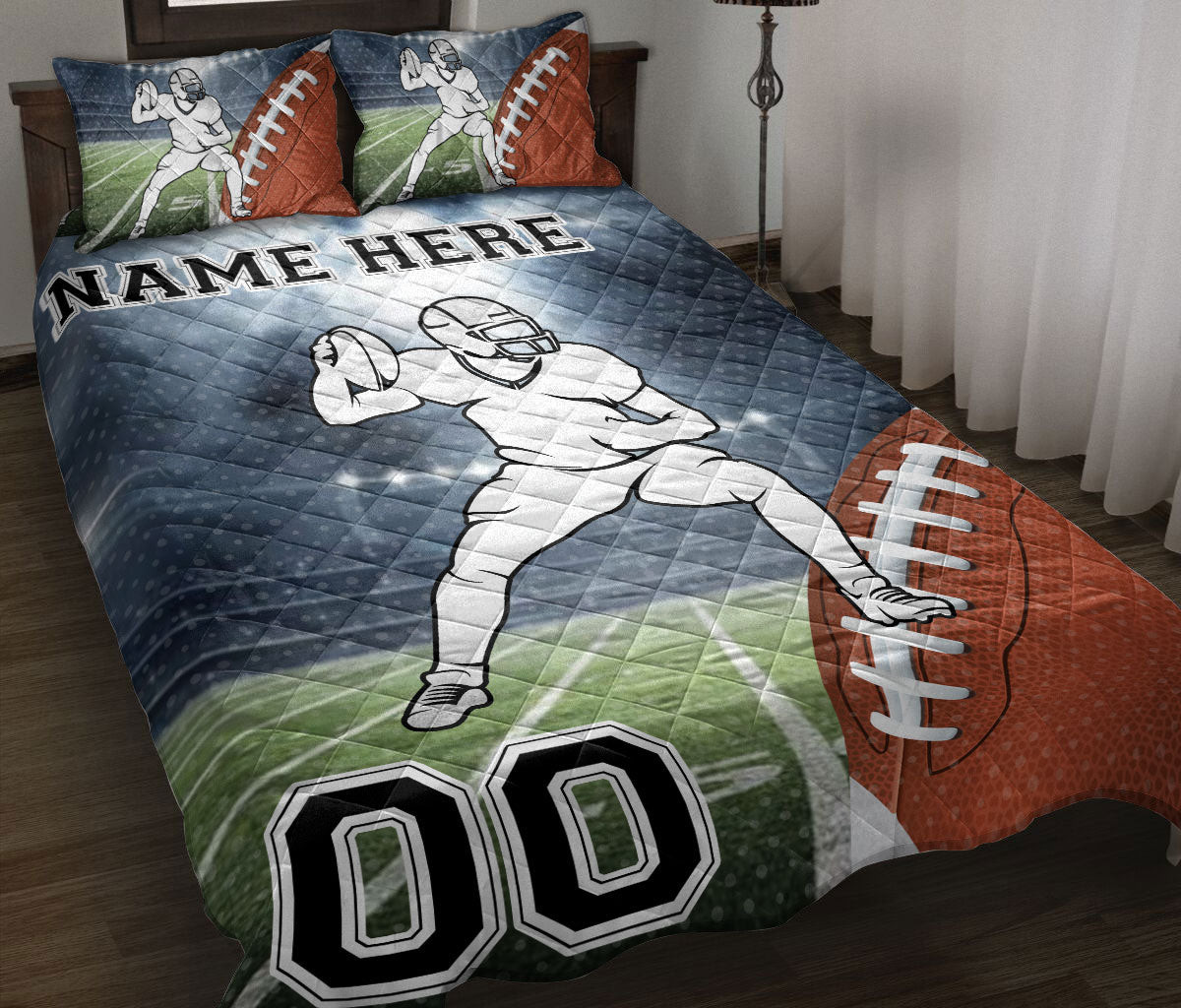 Personalized Football Quilt Bedding Set, American Football Field Quilt Blanket With Pillowcases, Custom Name and Number Duvet Cover Set