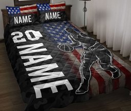 Personalized Basketball Quilt Bedding Set, Basketball US Flag Quilt Blanket With Pillowcases, Custom Name and Number Duvet Cover Set