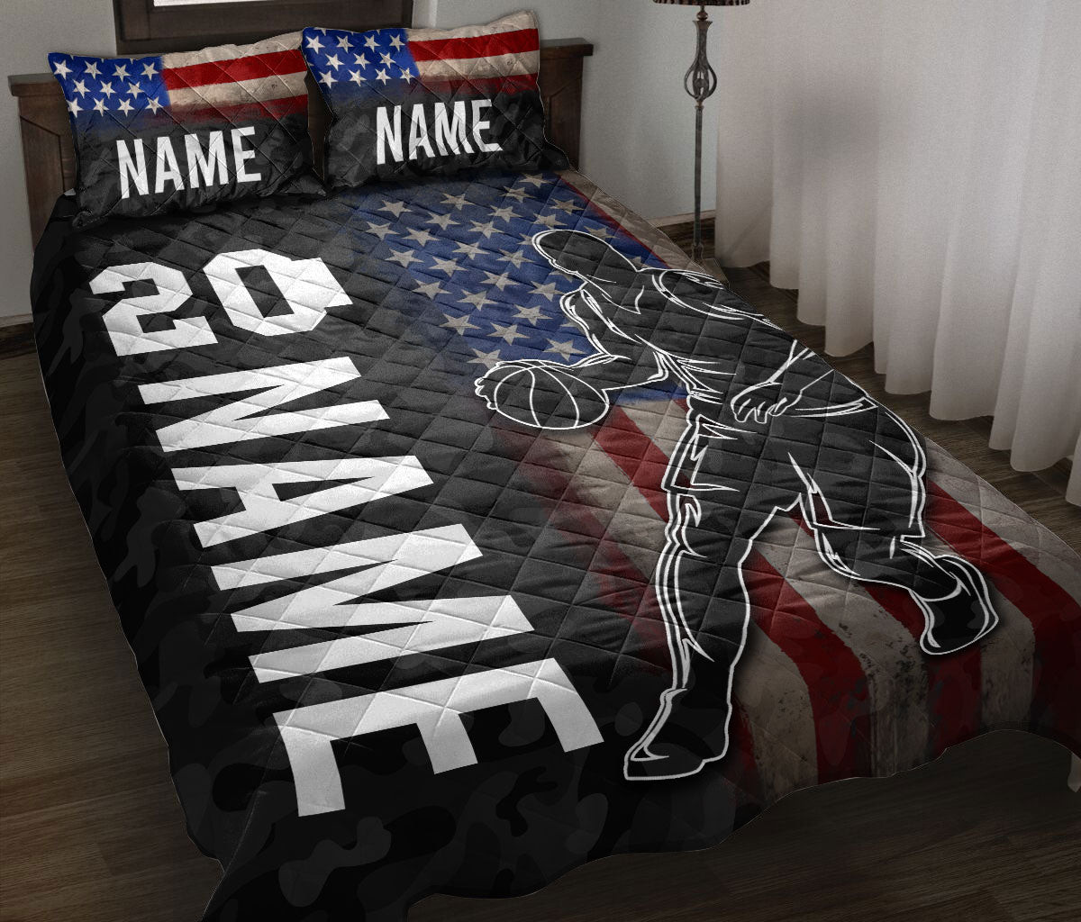 Personalized Basketball Quilt Bedding Set, Basketball US Flag Quilt Blanket With Pillowcases, Custom Name and Number Duvet Cover Set
