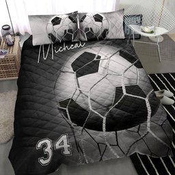Personalized Soccer Quilt Bedding Set, Soccer Ball Grey Black Quilt Blanket With Pillowcases, Custom Name and Number Duvet Cover Set