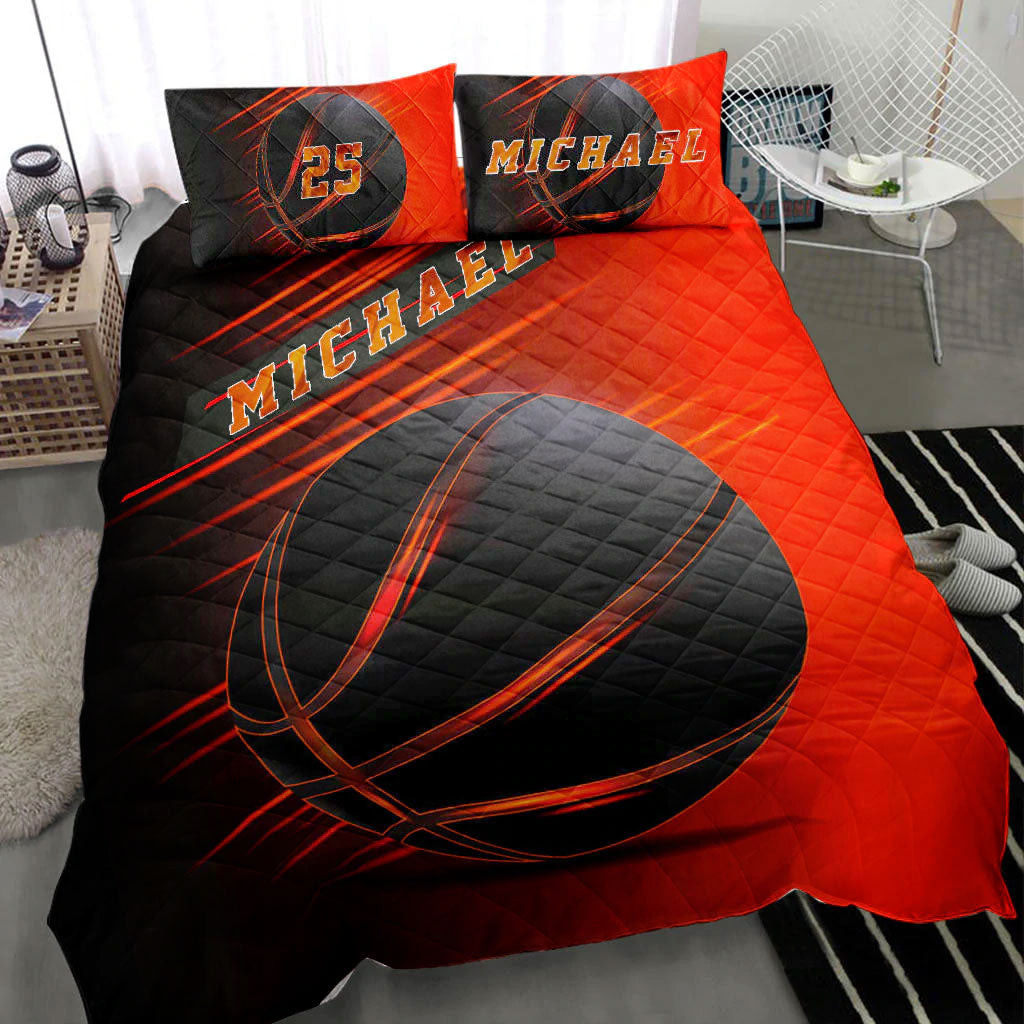 Personalized Basketball Quilt Bedding Set, Basketball Black Ball Red Quilt Blanket With Pillowcases, Custom Name and Number Duvet Cover Set