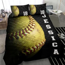 Personalized Softball Quilt Bedding Set, Softball Ball 3D Black Quilt Blanket With Pillowcases, Custom Name and Number Duvet Cover Set