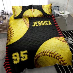 Personalized Softball Quilt Bedding Set, Softball Ball 3D Black Quilt Blanket With Pillowcases, Custom Name and Number Duvet Cover Set