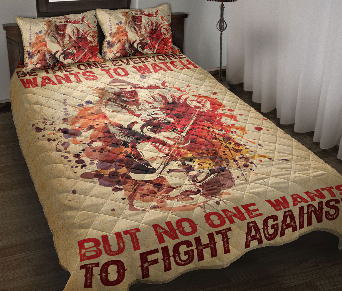 Personalized Hockey Quilt Bedding Set, Hockey Boy Watercolor Quilt Blanket With Pillowcases, Custom Name and Number Duvet Cover Set