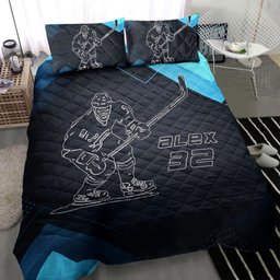 Personalized Hockey Quilt Bedding Set, Hockey Man Boy Black Blue Quilt Blanket With Pillowcases, Custom Name and Number Duvet Cover Set