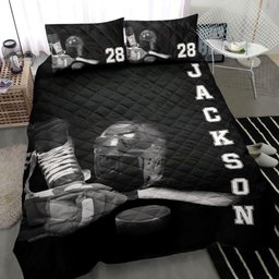 Personalized Hockey Quilt Bedding Set, Hockey Stuff Black Quilt Blanket With Pillowcases, Custom Name and Number Duvet Cover Set