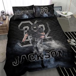 Personalized Football Quilt Bedding Set, Footballs Boy Smoke Black Quilt Blanket With Pillowcases, Custom Name and Number Duvet Cover Set