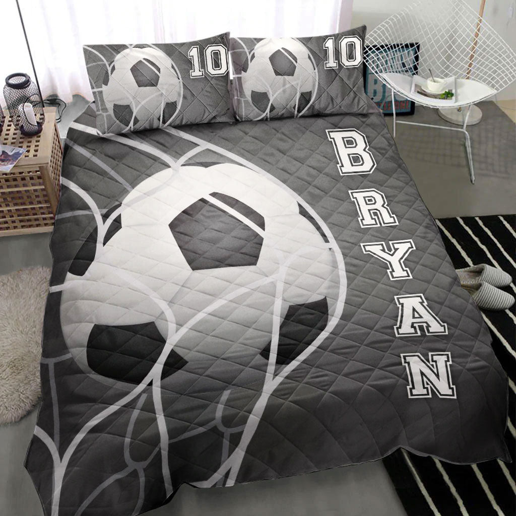 Personalized Soccer Quilt Bedding Set, Soccer Ball In Net Grey Quilt Blanket With Pillowcases, Custom Name and Number Duvet Cover Set
