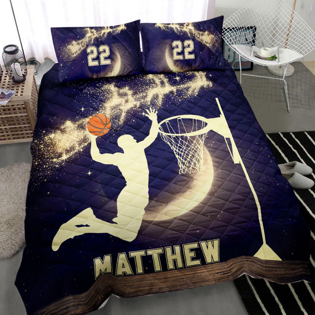 Personalized Basketball Quilt Bedding Set, Basketball Moonmas Xmas Quilt Blanket With Pillowcases, Custom Name and Number Duvet Cover Set, Christmas Gift
