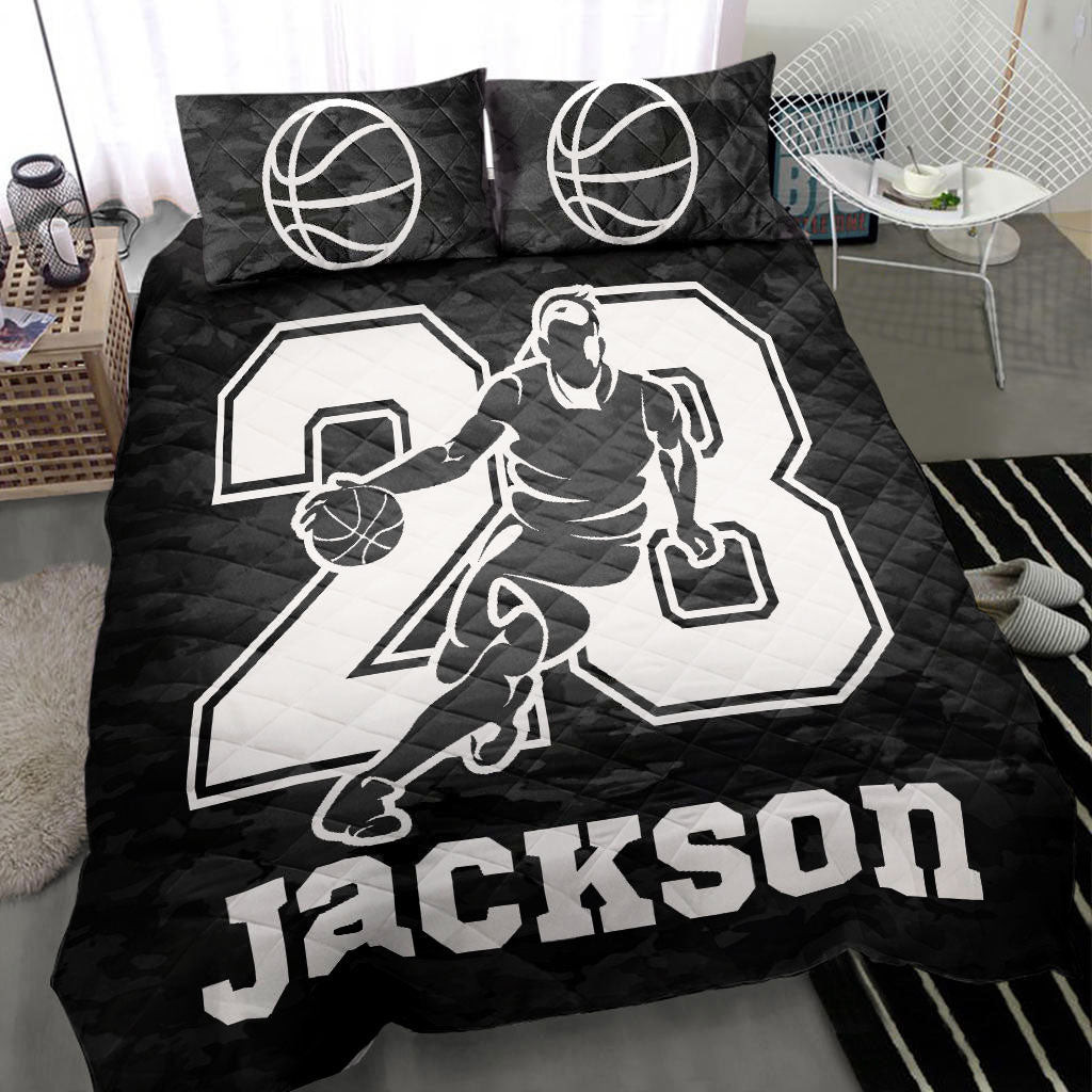 Personalized Basketball Quilt Bedding Set, Basketball Boy Black Quilt Blanket With Pillowcases, Custom Name and Number Duvet Cover Set