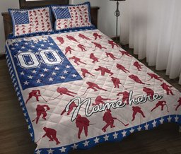 Personalized Hockey Quilt Bedding Set, Hockey Player Posing US Flag Quilt Blanket With Pillowcases, Custom Name and Number Duvet Cover Set