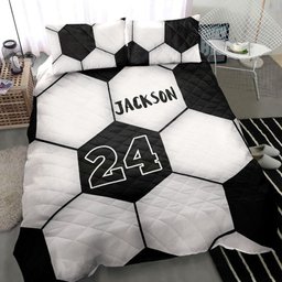 Personalized Soccer Quilt Bedding Set, Soccer Ball Black White Quilt Blanket With Pillowcases, Custom Name and Number Duvet Cover Set