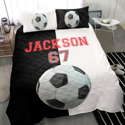 Personalized Soccer Quilt Bedding Set, Soccer Ball Black White Quilt Blanket With Pillowcases, Custom Name and Number Duvet Cover Set