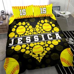 Personalized Softball Quilt Bedding Set, Softball Ball Heart Yellow Black Quilt Blanket With Pillowcases, Custom Name and Number Duvet Cover Set