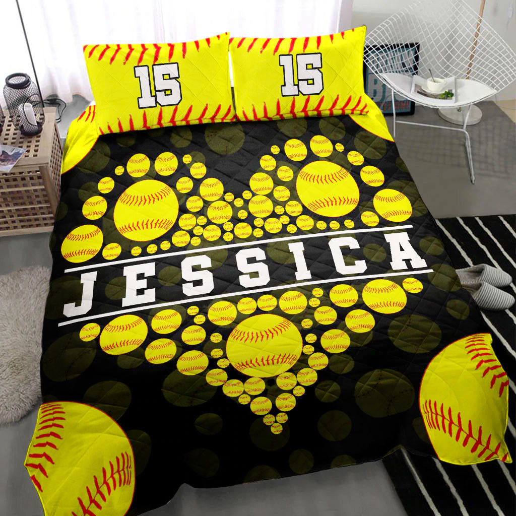 Personalized Softball Quilt Bedding Set, Softball Ball Heart Yellow Black Quilt Blanket With Pillowcases, Custom Name and Number Duvet Cover Set