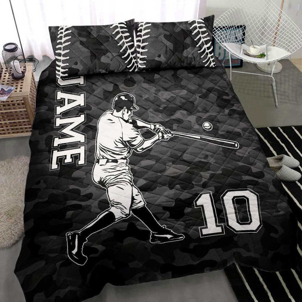 Personalized Baseball Quilt Bedding Set, Baseball Catcher Black Quilt Blanket With Pillowcases, Custom Name and Number Duvet Cover Set, Sports Gifts