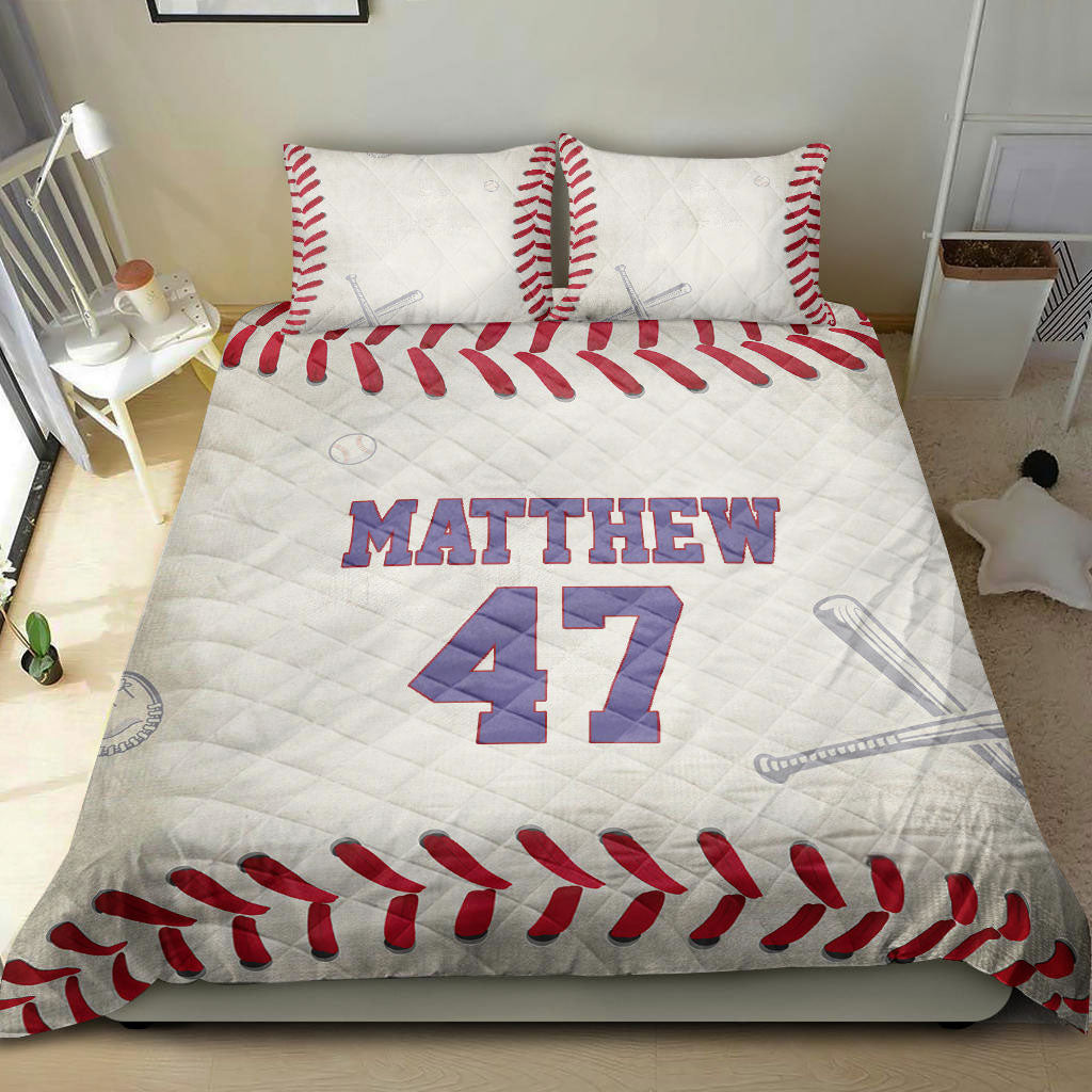 Personalized Baseball Quilt Bedding Set, Baseball Grey Quilt Blanket With Pillowcases, Custom Name and Number Duvet Cover Set, Sports Gifts