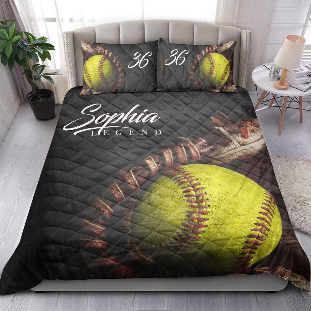 Personalized Softball Quilt Bedding Set, Softball Glove Ball Black Quilt Blanket With Pillowcases, Custom Name and Number Duvet Cover Set