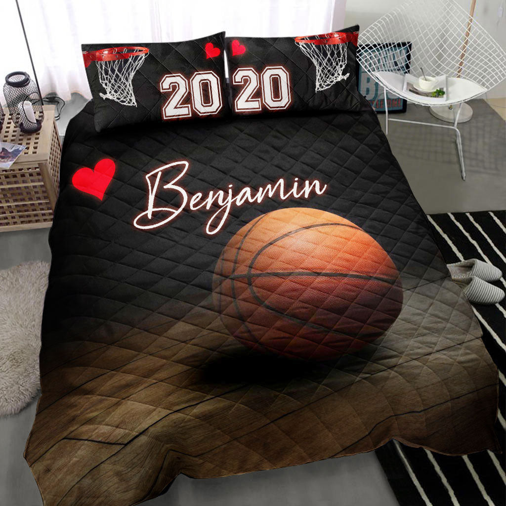 Personalized Basketball Quilt Bedding Set, Basketball Ball Heart Love Quilt Blanket With Pillowcases, Custom Name and Number Duvet Cover Set