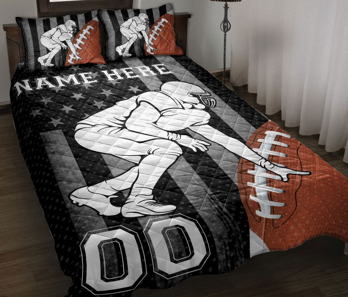 Personalized Football Quilt Bedding Set, Football US Flag Ball Quilt Blanket With Pillowcases, Custom Name and Number Duvet Cover Set