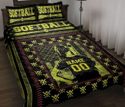 Personalized Softball Quilt Bedding Set, Softball Girl Yellow Quilt Blanket With Pillowcases, Custom Name and Number Duvet Cover Set