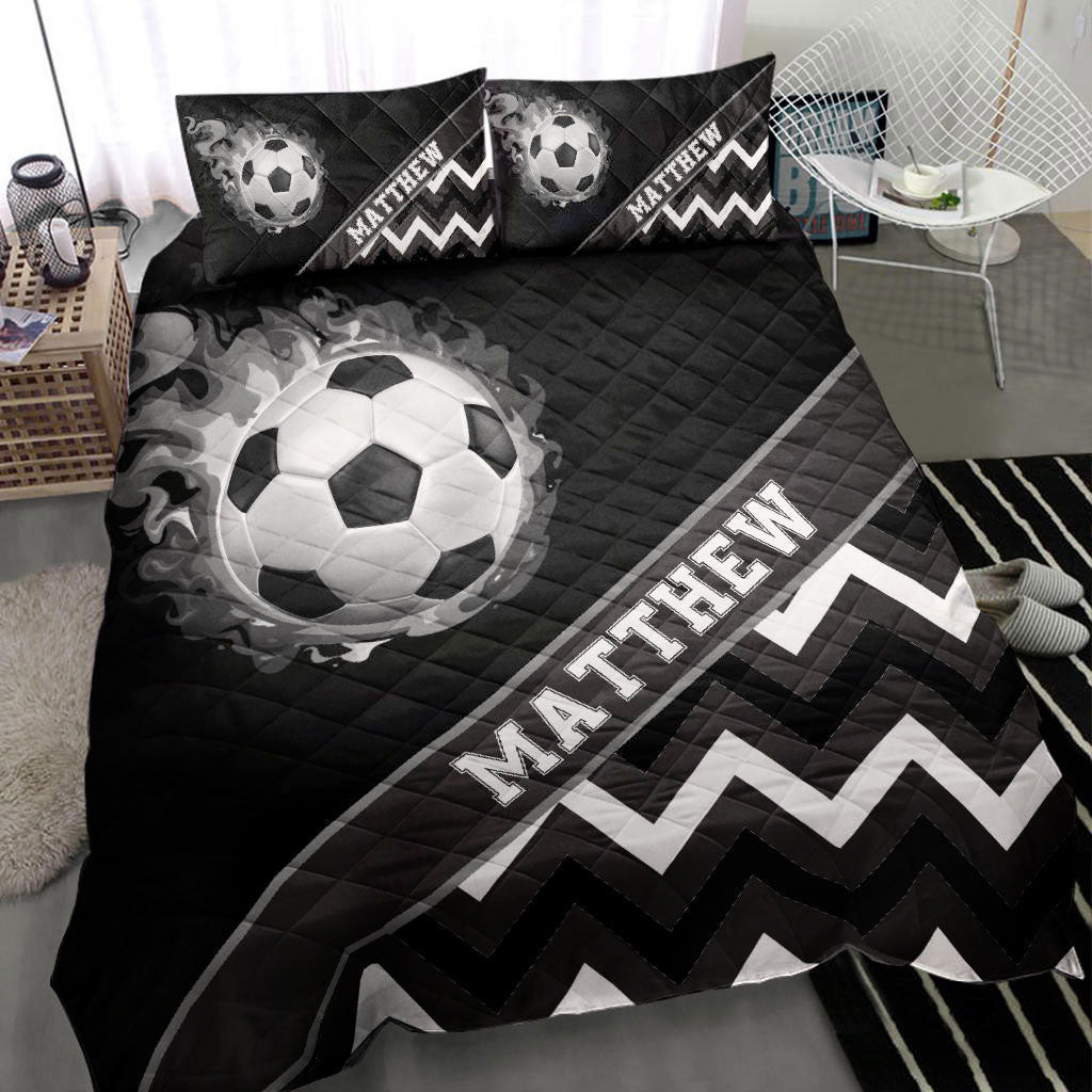 Personalized Soccer Quilt Bedding Set, Soccer Ball Zig Zag Smoke Black Quilt Blanket With Pillowcases, Custom Name and Number Duvet Cover Set