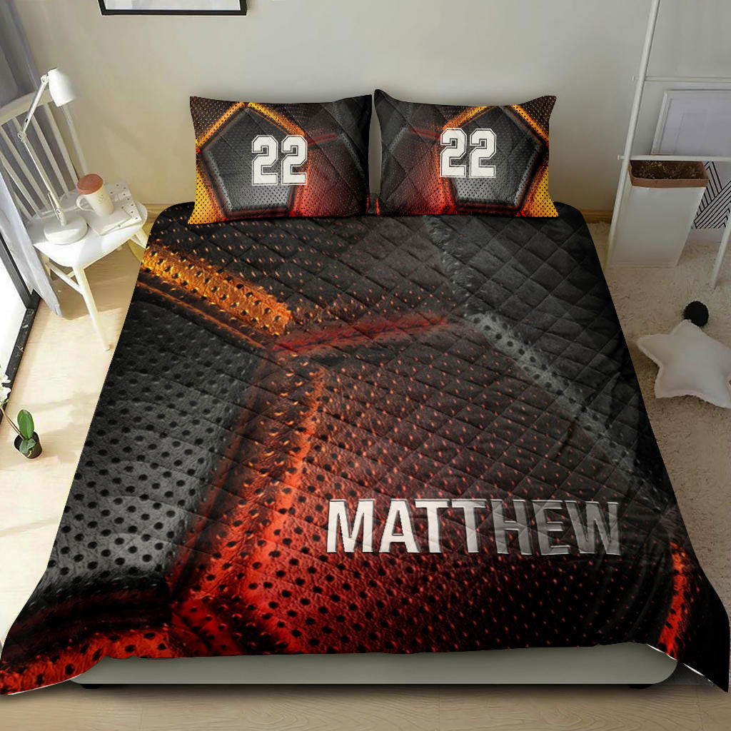 Personalized Soccer Quilt Bedding Set, Soccer Orange Black Ball Quilt Blanket With Pillowcases, Custom Name and Number Duvet Cover Set